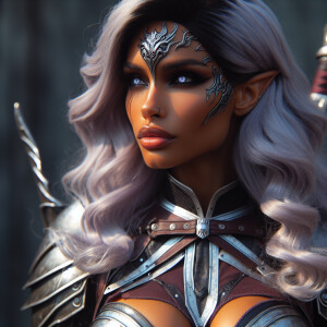 A beautiful huntress from the “Monster Hunter” series with dark...