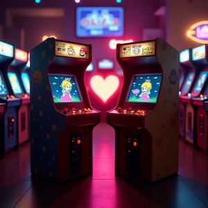 /imagine prompt: cinematic 1980s neon arcade, two vintage arcade...