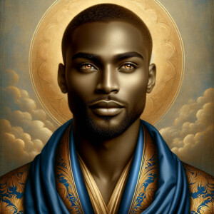 Create handsome African-American, Jesus, with Hazel Brown eyes wearing a blue and gold robe