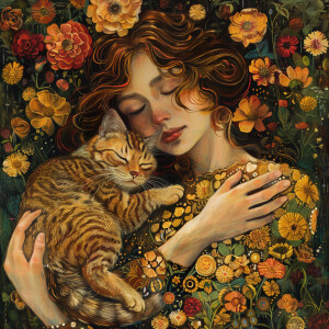 Create an image of a stunning woman adorned with flowers in her...