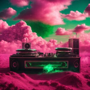Create an image of a psychedelic apocalypse scene featuring pink...