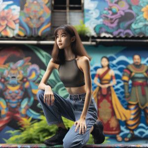 Very thin Athletic Thin skinny Attractive, Asian teenage girl, long brown hair and bangs, wearing tight skinny jeans and a halter top paint marks on her clothing, sitting side view heroic pose Asian graffiti