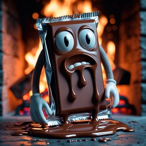 A distressed anthropomorphic milk chocolate bar with foil wrappe...
