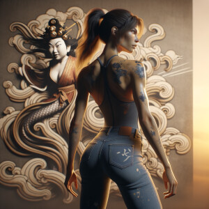 Athletic Thin skinny Attractive, Asian teenage girl, long brown hair and bangs, wearing tight skinny jeans and a halter top paint marks on her clothing, heroic pose Asian graffiti background, backside view