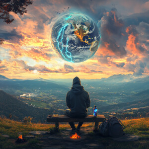 Surreal digital artwork featuring a person sitting on a bench, o...