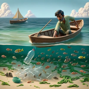 A man in a boat on the ocean throws a plastic bottle into the wa...