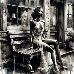 Ink wash: Create an image of an elegant African lady tan skin to...