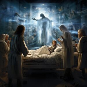 Visualize a dramatic scene in an ICU: A sick child lies in a hos...