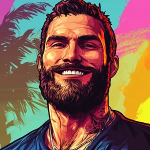 White muscular thin man with beard, big chin, smile and cheekbon...