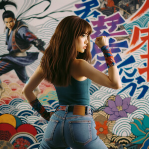 Attractive, Asian teenage girl, long brown hair and bangs, wearing tight skinny jeans and a halter top paint marks on her clothing, backside view heroic pose Asian graffiti