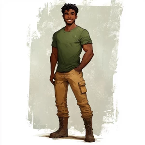 Generate an image of a medium-built man with dark skin and short...