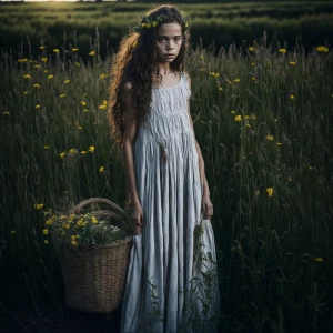 Create an image of a young girl standing in a sunlit meadow, wit...