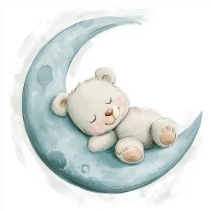 A cute, cartoon teddybear lies on a stylized, soft blue grey crescent moon. The moon shows the crater holes and relief in the surface. The teddy bear is light gray with large, round, pink-spotted ears.  Its body is round and he has expressive eyes.  its facial expression is happy and friendly. The teddy bears leg and foot are visible, and its posture is relaxed, lying down in the curve of the moon. it's stomach is lying down on the moon with left arm and leg showing hanging down. The moon is a soft, shaded blue, with watercolor-like texture and subtle shading. The background is white. The image is in a child-friendly style, showcasing delicate line work and color palettes. The composition is centered on the teddy bear which is positioned lying slumped face down on  the moon, giving the moon a hug with closed eyes. The overall style is sweet, whimsical, and reminiscent of children's book illustrations.  The colors are pastel and soothing, creating a gentle atmosphere.