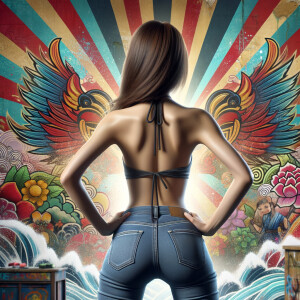 Attractive, Asian teenage girl, long brown hair and bangs, wearing tight skinny jeans and a halter top paint marks on her clothing, backside view heroic pose Asian graffiti