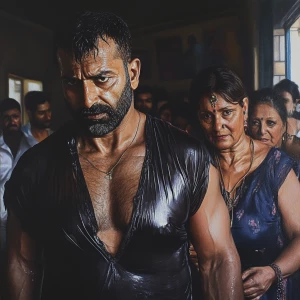 Hyperrealism, a muscular, sweaty criminal man greeting guests...