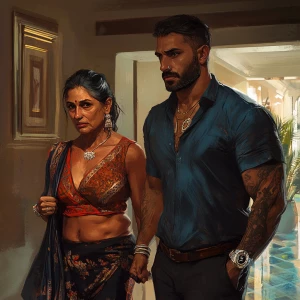 realism art style .A sweaty beefy man entering  with his 54 year...