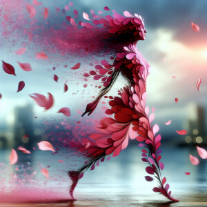 Create an artistic image of hot pink petals caught in a gentle b...