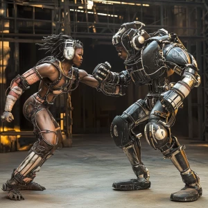 Visualize an intense battle between two humanoid robots, each po...