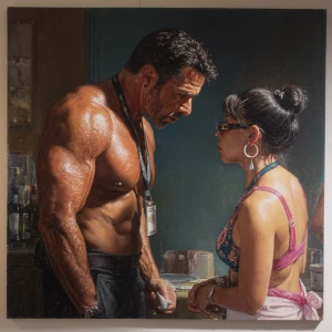 hyperRealism painting.a muscular sweaty american employer man ca...