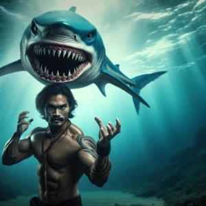 Full-body photograph of a muscular, shark-like woman, with an op...