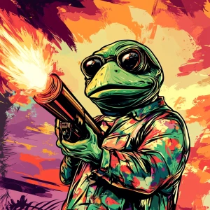 MEME PEPE in GTA art style, Pepe is firing a rocketlauncher, in...
