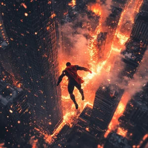 You are a graphic designer who is an expert in Photoshop. Create an image of a superhero flying over a burning city.