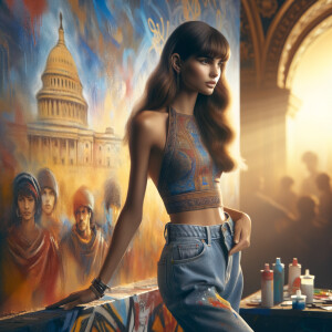 Sexy, Asian teen girl wearing skin tight jeans and a halter top long hair and bangs paint marks on her clothing, graffiti background heroic pose side view