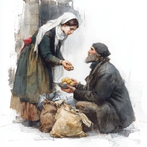 Rich woman giving food to a poor homeless white man in rags