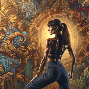 Athletic Thin skinny Attractive, Asian teenage girl, long brown hair and bangs, wearing tight skinny jeans and a halter top paint marks on her clothing, heroic pose Asian graffiti background, backside view