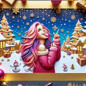 "Create a wide-angle image of a woman with long pink hair standi...