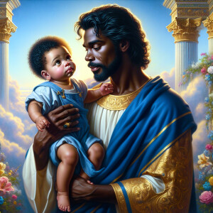 Classical oil painting style depicting an African-American Jesus...