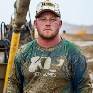 Brian Nobles a real 28 year old Caucasian male who is using  a concrete mixer, he is a  pump operator holding the hose which carries the liquid concrete to the foundation pour, Brian is slowly  beginning his transition into adult maturity , Brian Nobles is beginning to look like a grown man, he has large reflective blue eyes and a wrinkled brow,Brian is now balding , prominent large protruding round fat obese belly,,thick greying goatee beard, healthy muscle mass ,very noticeable male pattern balding hairline, Brian Nobles now has a  prominent receding and thinning male hairline (onset male pattern baldness), slightly fat overweight(Caucasian)wearing tight body conforming  glossy satin shiny green and gold tight fitting body conforming UnderArmour athletic bodysuit,emblazoned with the "KD HOMES" real estate logo, standing confidently in front of a newly completed constructed new KD HOME in Victorville California in a raw desert landscape. Brian has a protruding fat obese muscular physique, large male bulge, fat obese muscular frame , shows a substantial frame with a noticeable mature hairline and expressive eyes. His workman’s  pose should reflect his experience in his trade.