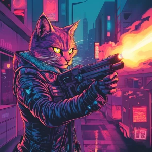 A humanoid cat in a leather jacket is firing rocket launchers du...