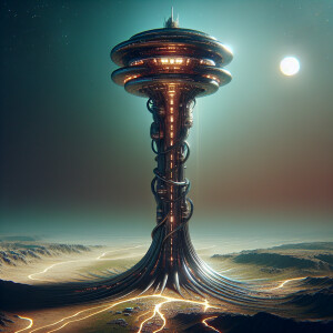 Rising ominously towards the heavens, a spectral space elevator...