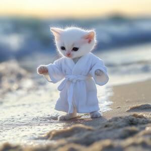 A white kitten with black eyes wearing a white robe wearing sand...
