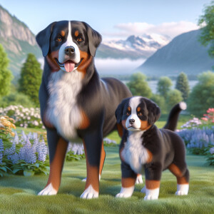 A Female Greater Swiss mountain dog with her puppy next to her 3...