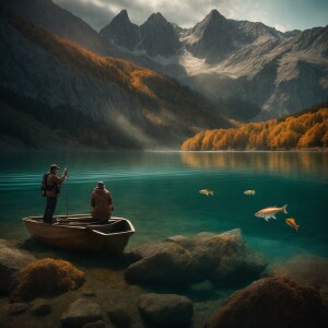 A man and a woman engage in tranquil fishing beside a placid mou...