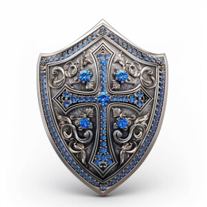 Design a sterling silver shield of faith featuring a prominent c...
