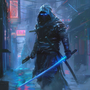cyberpunk ninja, blue sword