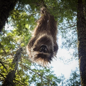 A humanoid looking hair covered sasquatch hanging upside-down hi...