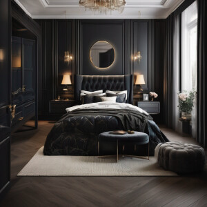 Luxury room for teen ,dark theme, modern furniture, unique bed,...