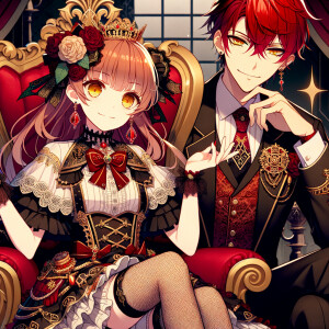 Lilith as a girl with elegant gothic lolita dress sit on the lap of handsome lucifer, the girl has red hair and golden eyes, thrones, black and red elegant luxury background, handsome lucifer smirk