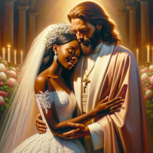 Imagine a hyper-realistic oil painting that captures a tender moment between theAfrican American bride and her God. The setting is intimate and filled with soft, warm lighting that enhances the emotional depth of the scene. The bride, in herexquisite wedding gown, shares a heartfelt embrace with her african-American Lord Jesus , who is dressedin an elegant outfit that complements the wedding's color scheme. Their expressions are full of love, pride, and joy, reflecting the special bond between them. Theattention to detail is paramount, from the intricate designs of their dresses to the subtle emotions conveyed in their facial expressions. The background is a blur ofgentle pastel hues, ensuring that the focus remains on this touching moment. Thispainting should convey the warmth, love, and depth of the relationship, with the rich textures and vibrant strokes characteristic of oil paintings, capturing the essence of this significant pre-wedding moment.