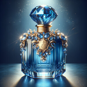 A digital illustration of a luxurious perfume bottle with a tall, faceted cap designed to mimic a deep blue gemstone, giving a sapphire-like appearance. The bottle, displaying a vivid blue color with light refraction effects, suggests the high clarity of glass. It rests on a reflective surface, hinting at the elegance of the product. A golden crown, ornately decorated with sparkling diamonds and inset with sapphire-blue gemstones, encircles the bottle's neck, adding to its opulence. The name 'KAREN' is featured in a prominent, sophisticated script on the front of the bottle, standing out against the deep blue background. The overall image conveys a sense of luxury and high fashion.