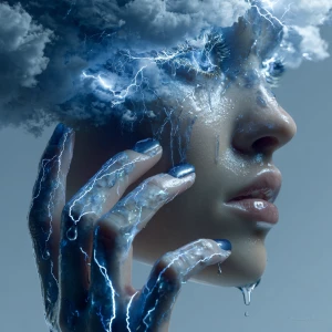 A surreal fusion of woman and weather: her body is made of storm...