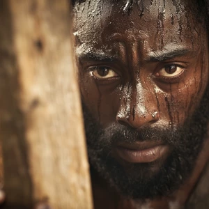 A close-up, gritty cinematic shot of African Jesus's face, etche...