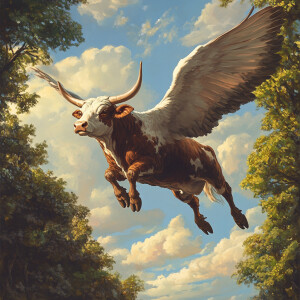 A cow soars through the sky, flapping its enormous wings as it g...