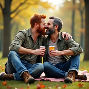 Generate an image depicting two realistic men having a picnic in...