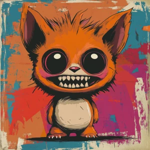 Stylized character portrait of a mischievous designer toy creat...