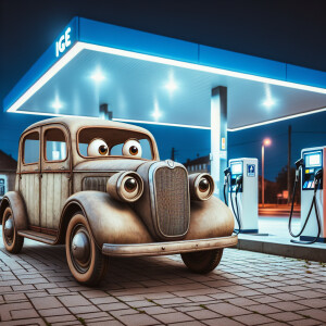 Create a whimsical image of an old car with eyes, sad face, near...